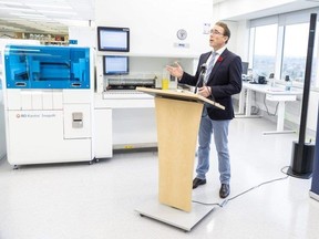 Jeff Fuller a clinical microbiologist with London Health Sciences Centre, speaks during the unveiling of a new machine that will speed up the delivery of test results. Photo taken at Victoria Hospital in London on Thursday Nov. 2, 2023. (Derek Ruttan/The London Free Press)