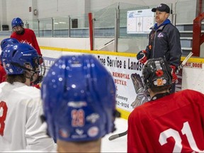 Strathroy Rockets head coach Jason Williams talks to his team at a practice at West Middlesex Memorial Centre in Strathroy on Thursday, Nov. 2, 2023. (Mike Hensen/The London Free Press)