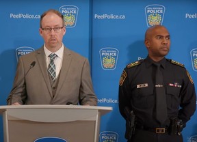 Acting Det.-Sgt. Simon Kennedy (left), along with Chief Nishan Duraiappah, revealed details of Project Memphis – an auto theft investigation – at a news conference at Peel Regional Police Headquarters on Wednesday, Nov. 29, 2023.