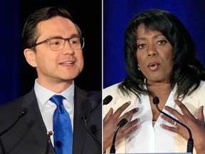 Conservative leadership candidates Pierre Poilievre and Leslyn Lewis during the second leadership debate, in Laval, Quebec, on May 25, 2022.