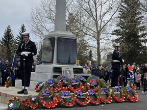 The Fort Saskatchewan cenotaph lined with Remembrance Day wreaths.