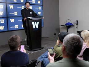 Blue Bombers quarterback Zach Collaros speaks with the media after he and his teammates cleared out their lockers on Tuesday, following a heartbreaking loss in the Grey Cup.