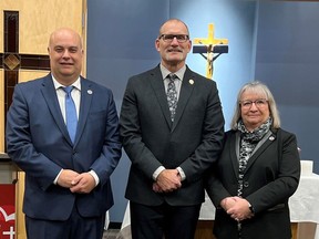 Rick Petrella (left), with director of education Mike McDonald and Carol Luciani, vice chair of the board, has been elected, for the 10th consecutive term, chair of the Brant Haldimand Norfolk Catholic District School Board.