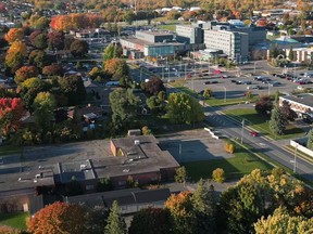 Aerial view of McConnell Avenue in Cornwall, near the hospital