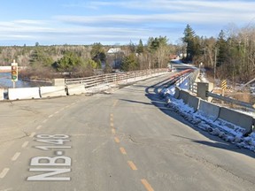 The Nashwaak River No. 5 Bridge in Taymouth, shown in November 2022, has been reduced to one lane for roughly three years.