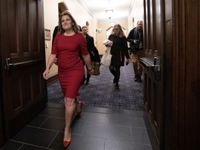 Deputy Prime Minister and Minister of Finance Chrystia Freeland makes her way to a cabinet meeting on Parliament Hill, Tuesday, November 21, 2023 in Ottawa.