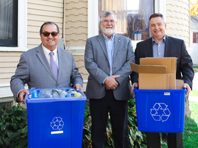 New Brunswick Environment Minister Gary Crossman, left, FranK LeBlanc, the CEO of Recycle NB, and Jeff MacCallum, a managing director with Circular Materials, have announced the launch of a new recycling program in the province.