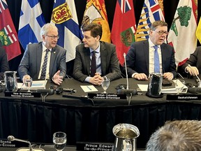 Premier Blaine Higgs is pictured alongside British Columbia Premier David Eby in a meeting with the country’s premiers in Ottawa earlier this year. Higgs says there’s support among the country’s premiers to focus more on the international recruitment of health care workers, instead of attempting to poach front line staff from other provinces across the country.