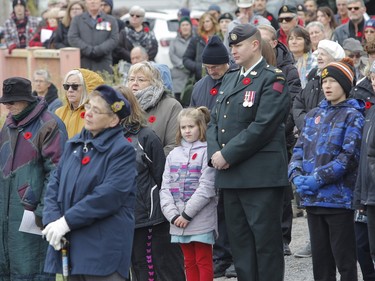 A large crowd gathered at the Captain Matthew J. Dawe Memorial Branch Remembrance Day cenotaph service in W. C Warnica Memorial Park in Kingston, Ont. on Saturday, Nov. 11, 2023.