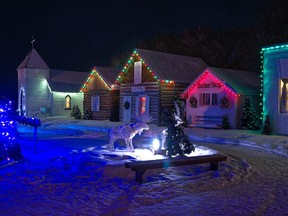 Very colourful Christmas lights on museum buildings