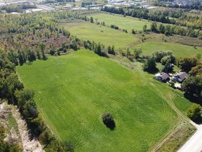 An aerial view of a 46-acre plot of undeveloped land in east Owen Sound purchased by the Glassworks Cooperative. (files/John Fearnall, Good Noise Photography)