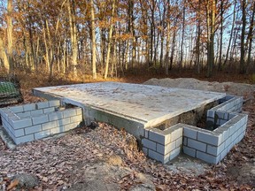 New blockwork is pictured at the Lambton Heritage Museum in Lambton Shores, for the foundation of a historical cabin, moved from Canatara park for restoration at the museum grounds.