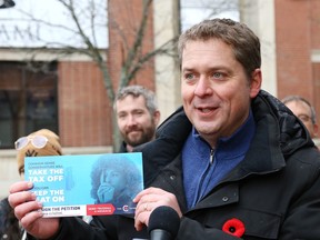 Andrew Scheer, Conservative MP for Regina and opposition House Leader, speaks with local media during a visit to Sudbury, Ont. on Thursday November 2, 2023.