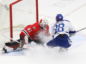 David Goyette, of the Sudbury Wolves, sprays ice on goalie Marcus Vandenberg, of the Niagara IceDogs, as he rushes to the net during OHL action at the Sudbury Community Arena in Sudbury, Ont. on Friday November 3, 2023.