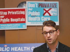 Andrew Longhurst, author of a report on the Ford governmentÕs privatization of surgeries and diagnostic procedures, makes a point during a media conference in Sudbury, Ont. on Monday November 6, 2023.
