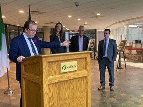 Paul Lefebvre addresses the media on Monday while fellow Northern mayors, from left, Michelle Boileau (Timmins), Peter Chirico (North Bay) and Matthew Shoemaker (Sault Ste. Marie) look on.