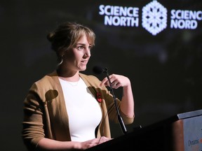 Ashley Larose, CEO of Science North, makes a point at the launch of a digital mining game across Canada at Dynamic Earth in Sudbury, Ont. on Thursday November 9, 2023.