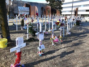 Crosses placed at the Crosses for Change site at Brady Street and Paris Street near the Sudbury Theatre Centre. Each cross represents someone who died of a drug overdose.