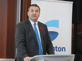 College president Rob Kardas speaks Nov. 2 at the opening of a new college atrium and welcome centre at Lambton College in Sarnia