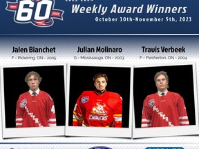 AJHL players (l-r) Jalen Bianchet of the Whitecourt Wolverines is rookie of the week, Julian Molinaro of the Calgary Canucks is defensive player of the week, and Travis Verbeek of the Wolverines is player of the week.