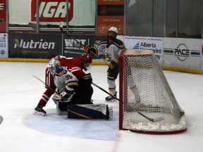 Whitecourt Wolverines player Joey Melo scored the first goal of the game, on Fort McMurray goalie Gabe Gratton's net. The Wolverines hosted the Fort McMurray Oil Barons at JDA Place on the night of Nov. 16.