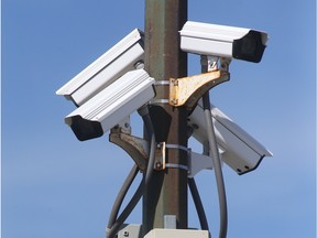 CCTV security cameras at a Winnipeg Transit site in Winnipeg.