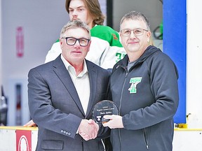 Portage Terriers Head Coach Blake Spiller (left) and Terriers president David Koroscil. Terriers coaching staff Spiller, Paul Harland and goalie coach Jim Tkachyk each celebrated their 1000th game coached. (Portage Terriers)