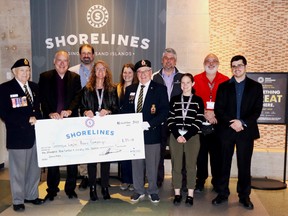 On November 29 the Shorelines Casino made a PROUD donation of $1,391.10 to Royal Canadian Legion Branch 92 for use in their Poppy Fund. Front l-r, Owen Fitzgerald (Legion Poppy Chair), casino personnel Geordie Hachez, Janet Shepherd, Bob Howard (Legion President), Emmalee Bennett, and Jacob Serson; back, Jay Lasychuk, Nicole Anstey, Dale Deane, Patrick Primeau Lorraine Payette/for Postmedia Network
