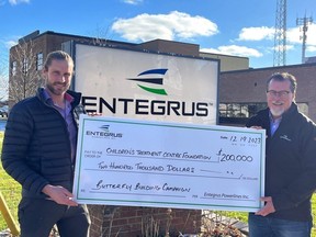 Entegrus has made a $200,000 donation to the Children's Treatment Centre of Chatham-Kent for its Butterfly Building Campaign. Shown from left are Kevin Owen, chair of the Children’s Treatment Centre Foundation, and Jim Hogan, Entegrus president and CEO. (Supplied)