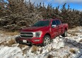 A stolen Ford F-150 that had been driven off the road in Odessa, Ont., on Tuesday, December 19, 2023. Officers also located a stolen Jeep during the same incident. (Supplied by the OPP)