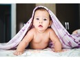 A baby is pictured underneath a blanket.