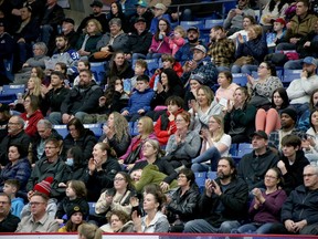 Sudbury Five fans applaud during the Basketball Super League season opener at Sudbury Community Arena in Sudbury, Ontario on Thursday, December 28, 2023.
