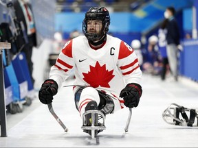 Tyler McGregor of Team Canada prepares before a para hockey game against the United States in the preliminary round at National Indoor Stadium at the Beijing Winter Paralympics on March 5, 2022, in Beijing, China. (Photo by Steph Chambers/Getty Images)