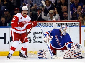 Andrew Copp #18 of the Detroit Red Wings celebrates a second period goal by Moritz Seider #53 against Igor Shesterkin #31 of the New York Rangers at Madison Square Garden on November 29, 2023 in New York City. (Photo by Bruce Bennett/Getty Images)