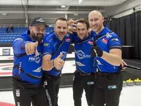 Brad Jacobs (far right), will take over as the skip of Team Reid Carruthers (far left) this week at the Grand Slam of Curling Masters event in Saskatoon.