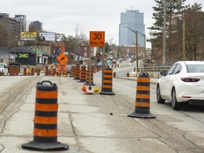 Construction continues on Wellington Street and Wellington Road in London on Wednesday, Nov. 22, 2023, in preparation for bus rapid transit routes.  (Mike Hensen/The London Free Press)