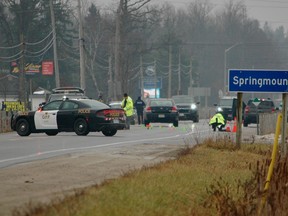 Police work at the scene of a fatal motor vehicle collision in Springmount this morning, Saturday, Dec. 23, 2023. (Scott Dunn/The Sun Times/Postmedia Network)