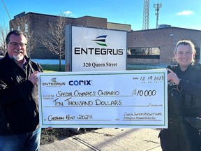 Entegrus, on behalf of its shareholder and utility service provider, Corix Infrastructure, has donated $10,000 to the 2024 Ontario Special Olympics being held in Chatham-Kent in June. Entegrus president and CEO Jim Hogan presents the donation to Lisa Rodger, co-organizer of the 2024 Special Olympics School Championships. (Supplied)