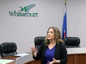 Rebecca Schulz spoke in Whitecourt in 2022. Schulz, now Environment Minister, commented this week on potential for drought in 2024 and what measures can be taken to address the issue.