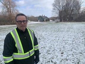 Tom O'Hara of the Waterford Skate Park committee stands at park project site.  Construction of the park is expected to start in the spring and be completed by the July long weekend.
