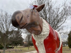 The Santa Moose display is still standing in Wellington Park in Simcoe despite being vandalized twice over the past two weeks.