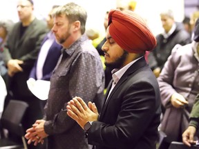 Gurpreet Singh Broca, of the Sikh community, takes part in a Vigil for Peace gathering at Tom Davies Square in Sudbury, Ont. on Thursday October 26, 2023. John Lappa/Sudbury Star/Postmedia Network
