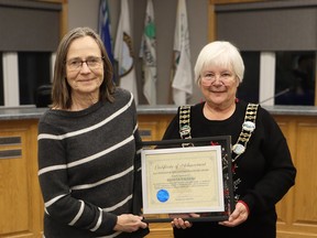 Danuta Valleau (left), pictured with Georgian Bluffs Mayor Sue Carleton, was recently honoured at the 2023 Volunteer of the Year Awards for outstanding community contributions with a lifetime volunteer award. Photo supplied.