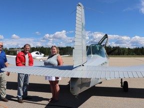 Michael Bellamy met Bob Hawkins and Lana Miller at Bellamy's 1962 Shinn 2150A, landed at the Whitecourt Airport in 2021. The facility's Runway 11-29 is due for a $7 million rehabilitation in 2025; Woodlands County has applied to the province for $5.3 million.