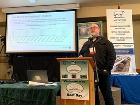 Ontario Ministry of Agriculture, Food and Rural Affairs Chief Economist Steve Duff speaks during Beef Day at Grey Bruce Farmers' Week in Elmwood, Ont., on Wednesday, January 3, 2024.
