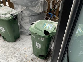 In a post to the Old East Village Community page on Facebook, resident Taylor Conley shared this image of their green bin on a patio with a gaping hole seemingly chewed through the corner.  (Facebook photo)