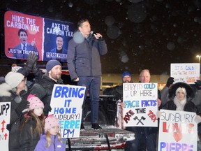 Conservative leader Pierre Poilievre addresses the media and a small crowd of supporters on a chilly night in Sudbury. Jim Moodie/Sudbury Star