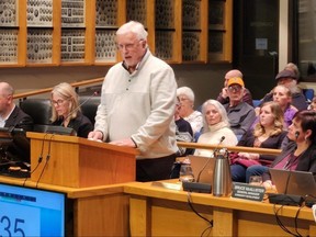 Former MPP Rick Nicholls speaks against a $2.95-million plan to buy part of the Downtown Chatham Center as a potential new home for the civic center, library and museum.  Council voted 11-5 to pursue the deal.  (Trevor Terfloth/Chatham Daily News)