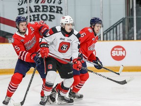 Former Ottawa 67's OHL player Steven LaForme (middle) has played a big part in the success of the GOJHL's Caledonia Corvairs this season. LaForme, from Hagersville, has eight goals and 26 assists this season. Valerie Wutti/Submitted
