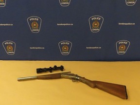 London police seized a sawed-off shotgun and a rifle scope while investigating a report of a gunshot on Rhine Avenue on Wednesday, Jan. 24, 2024. A 16-year-old male faces multiple gun-related charges. (London police photo)